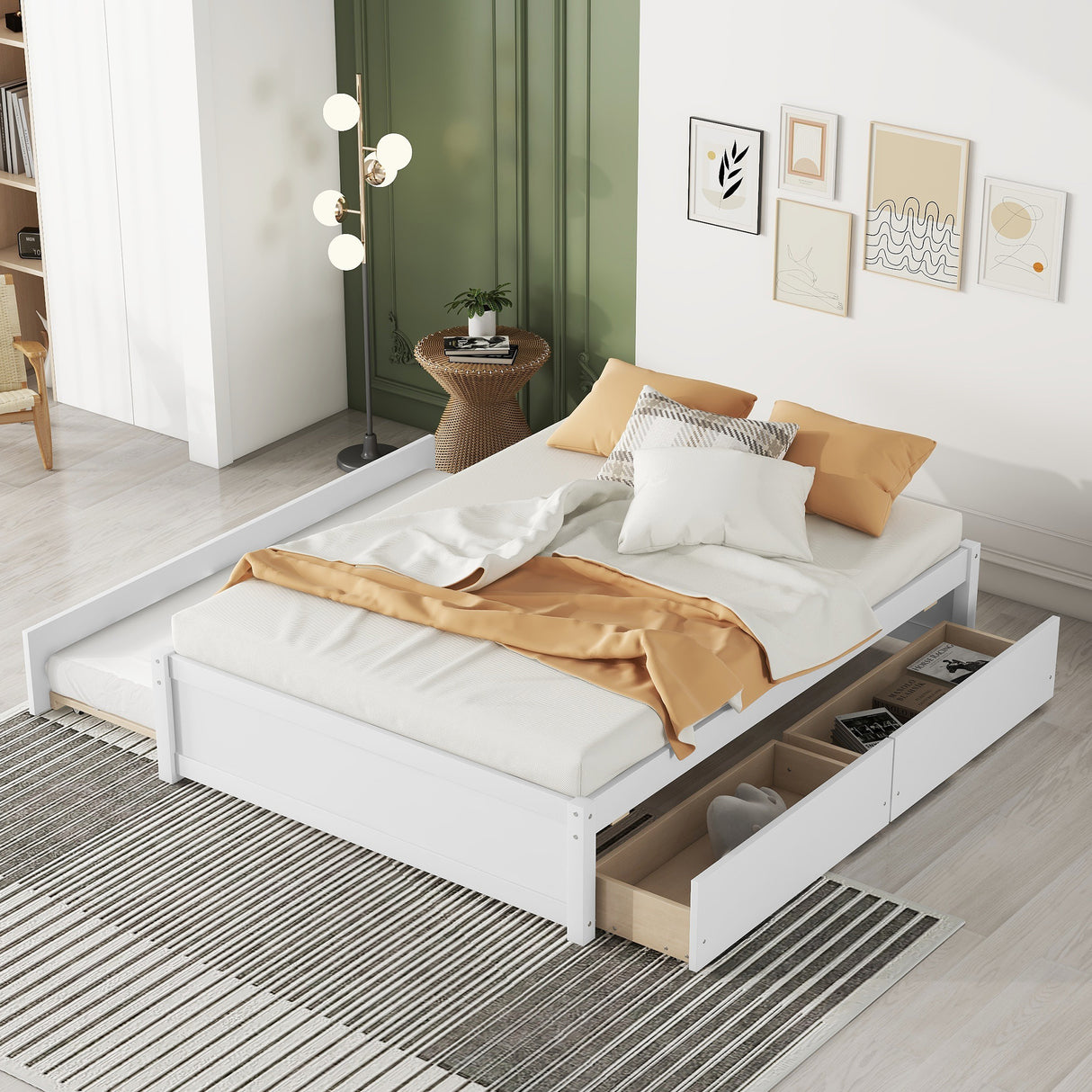 The Solid Pinewood Bed with Dual Drawers and Side Trundle – An Ingenious Marriage of Elegance and Utility