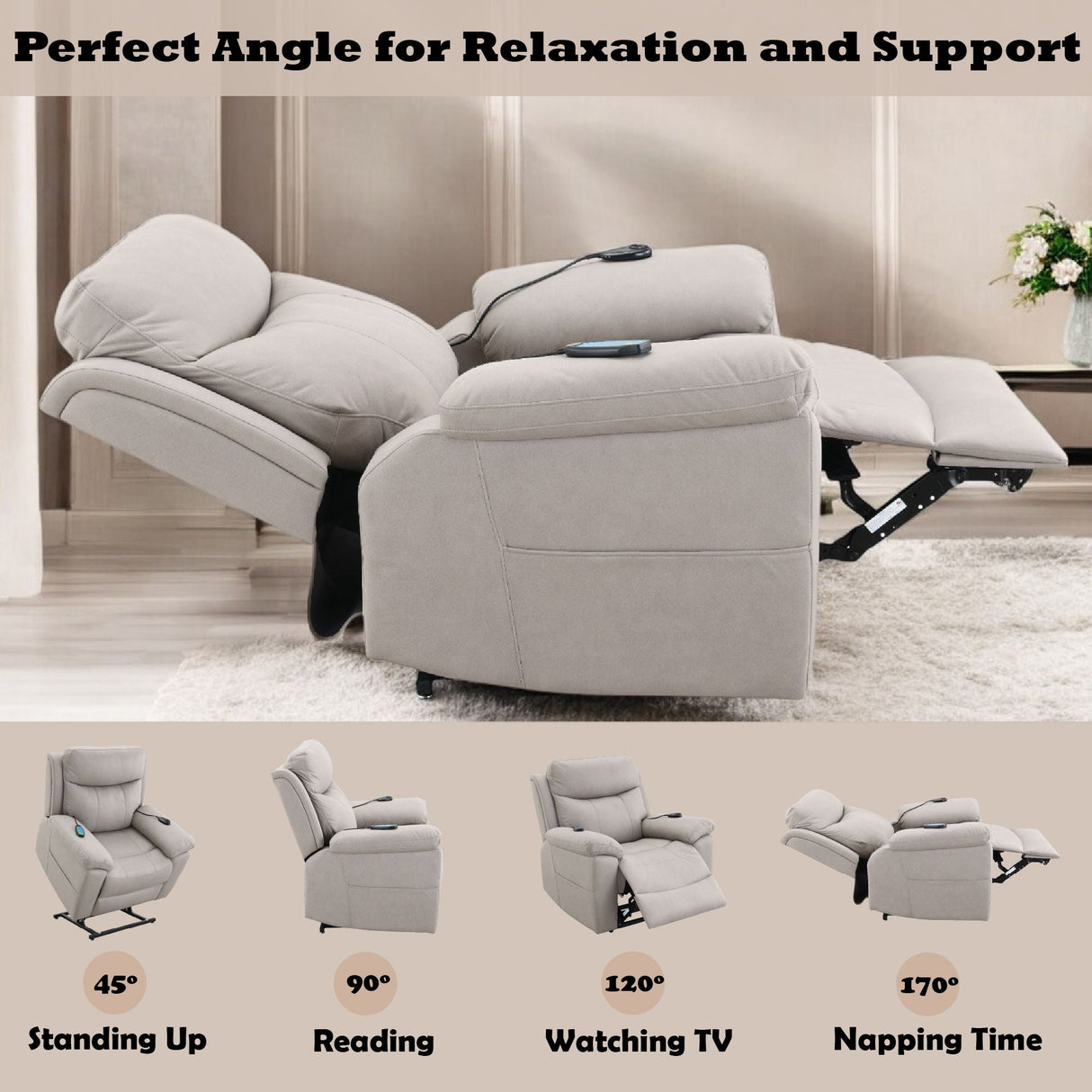 Chriki - Power Motion Recliner With Lift Heating Massage Chair - Beige
