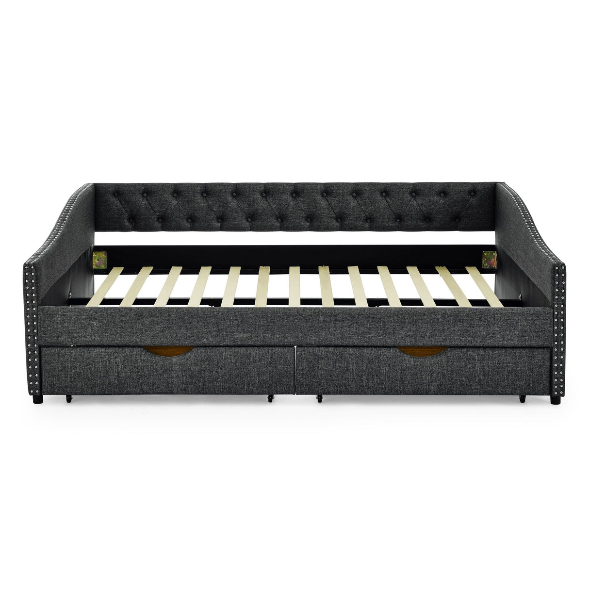 Upholstered Tufted Daybed With 2 Drawers, Waved Arms