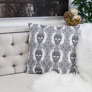 Gothic Damask Skull Throw Pillow Cover with Hidden Zipper - Black & White Cotton Linen