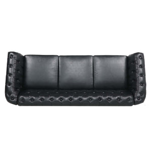 84.65' Black PU Rolled Arm Chesterfield Three Seater Sofa
