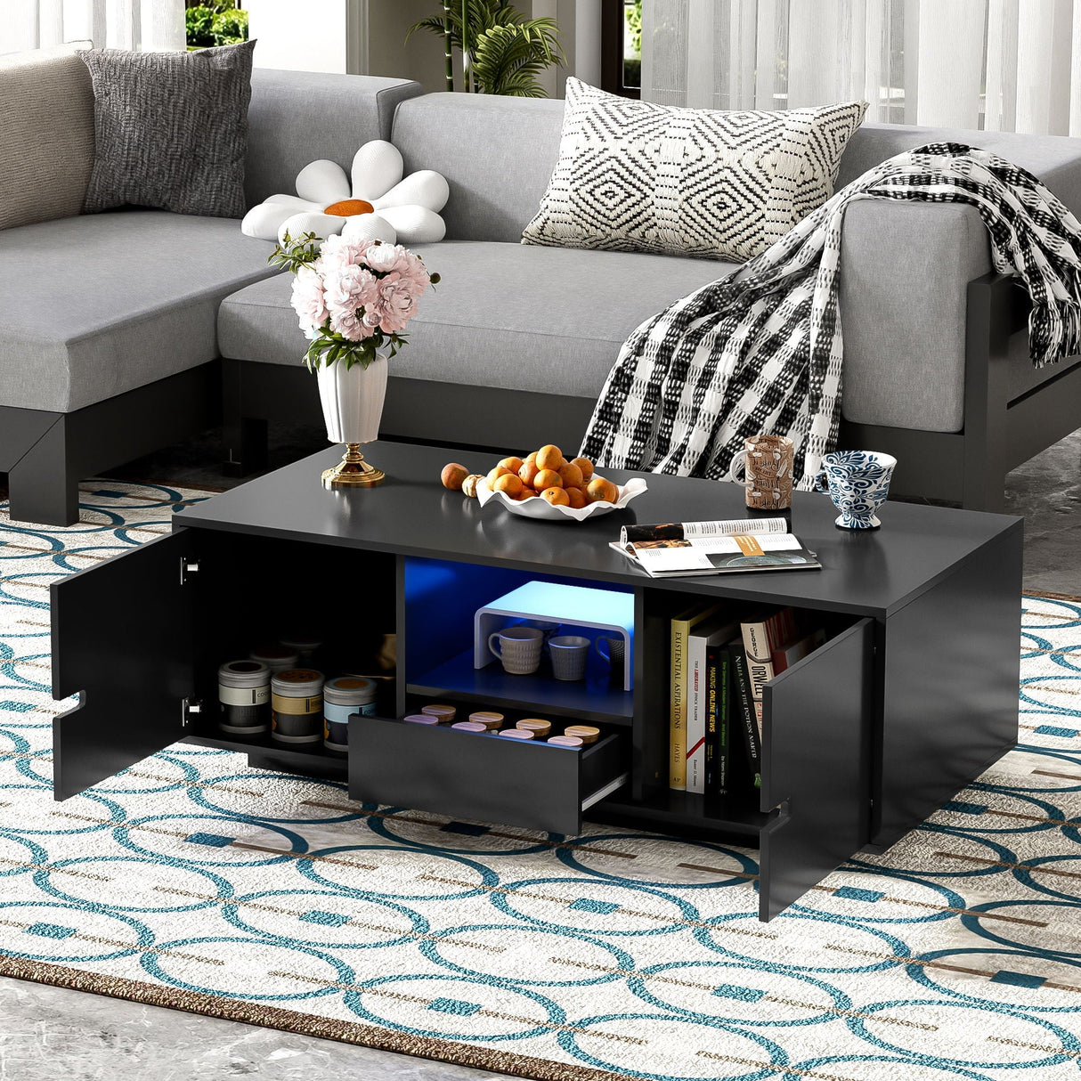 Modern High Glossy Rectangle Coffee Table with 16 Color LED Lights