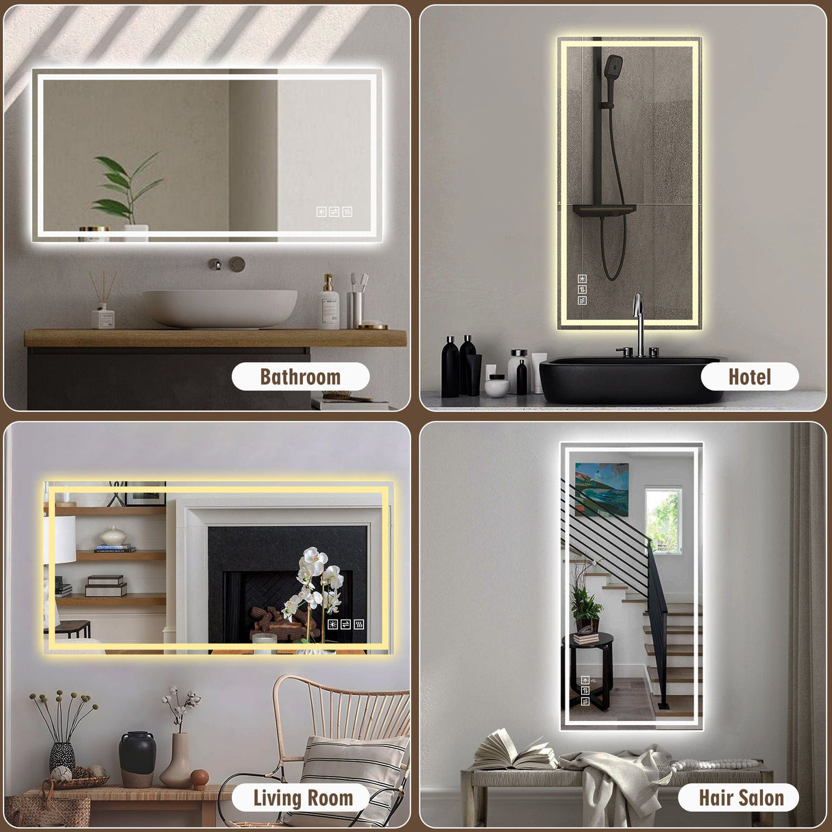 LED Bathroom Vanity Wall Mirror With Straight Edge Design, Frosted Glass Finish, Anti Fog, Dimmable 3 Color Lighting - Silver