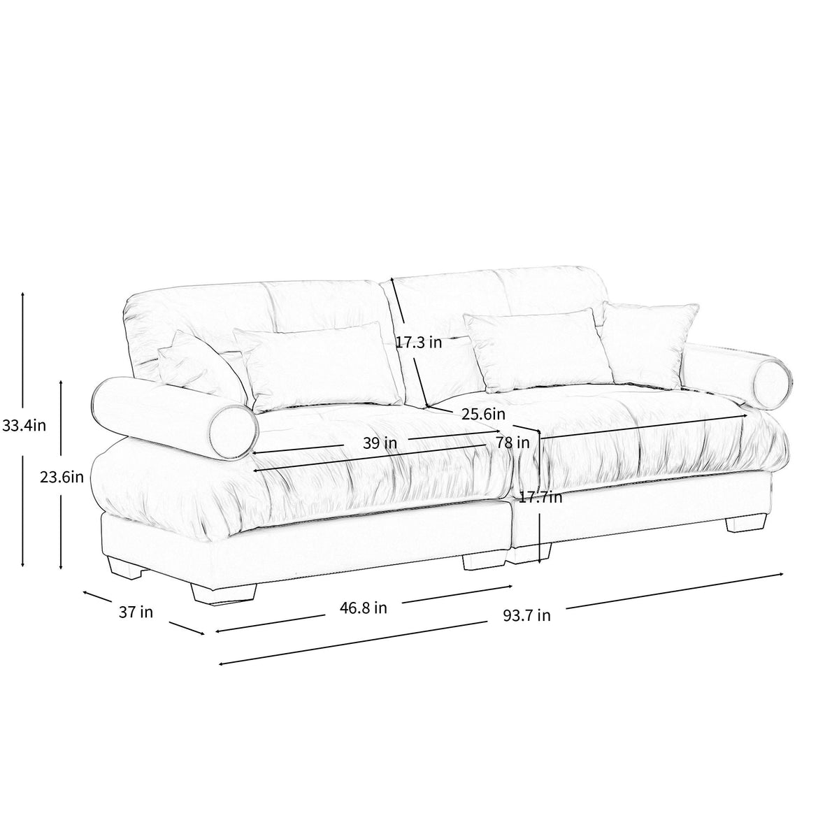 Modern Sofa With Bolstered Armrests And Pillows