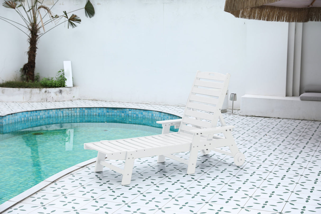 Lounge Chair Outdoor with Wood TextureOversized Chaise Lounge Chair with 5 PositionsHDPEPatio Lounge Chair with Wheels & Cup Holder for PoolDeckPoolsideWhite