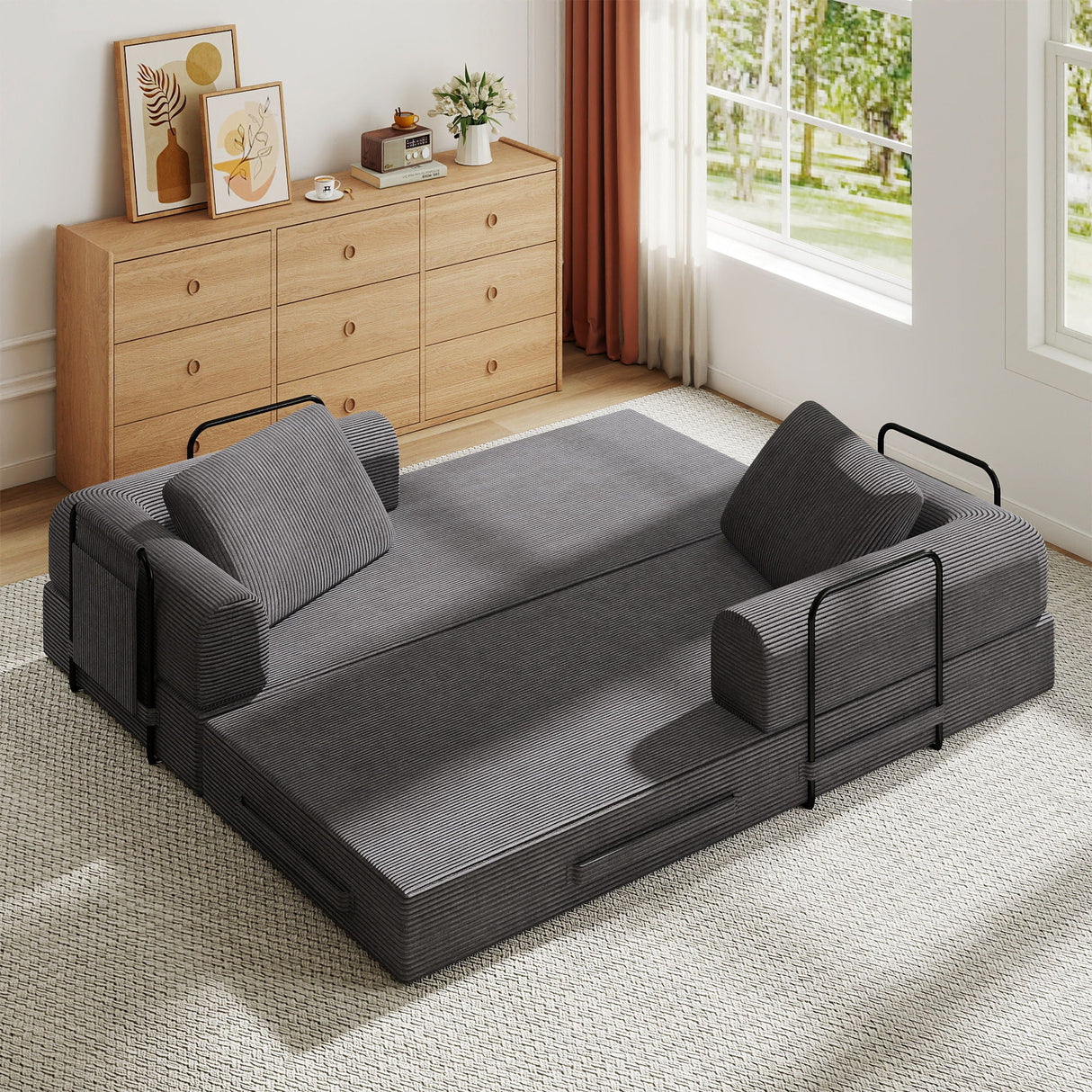 Convertible Sleeper Sofa Bed With Cylindrical Pillow, Fixed Shape Frame