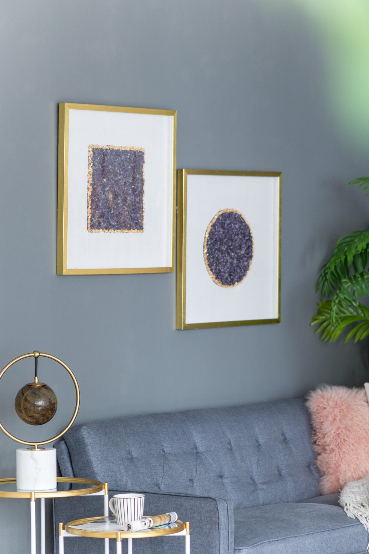 Elegant Shadow Box Duo Wall Art with Purple Amethyst Crystals - Neutral/Gold