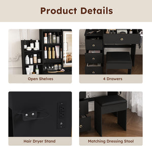 Vanity Desk With 3 LED Lighting Modes, 4 Drawers, Open Shelves, Hair Dryer Holder & Power Socket Dressing Table Set With Chair - Black