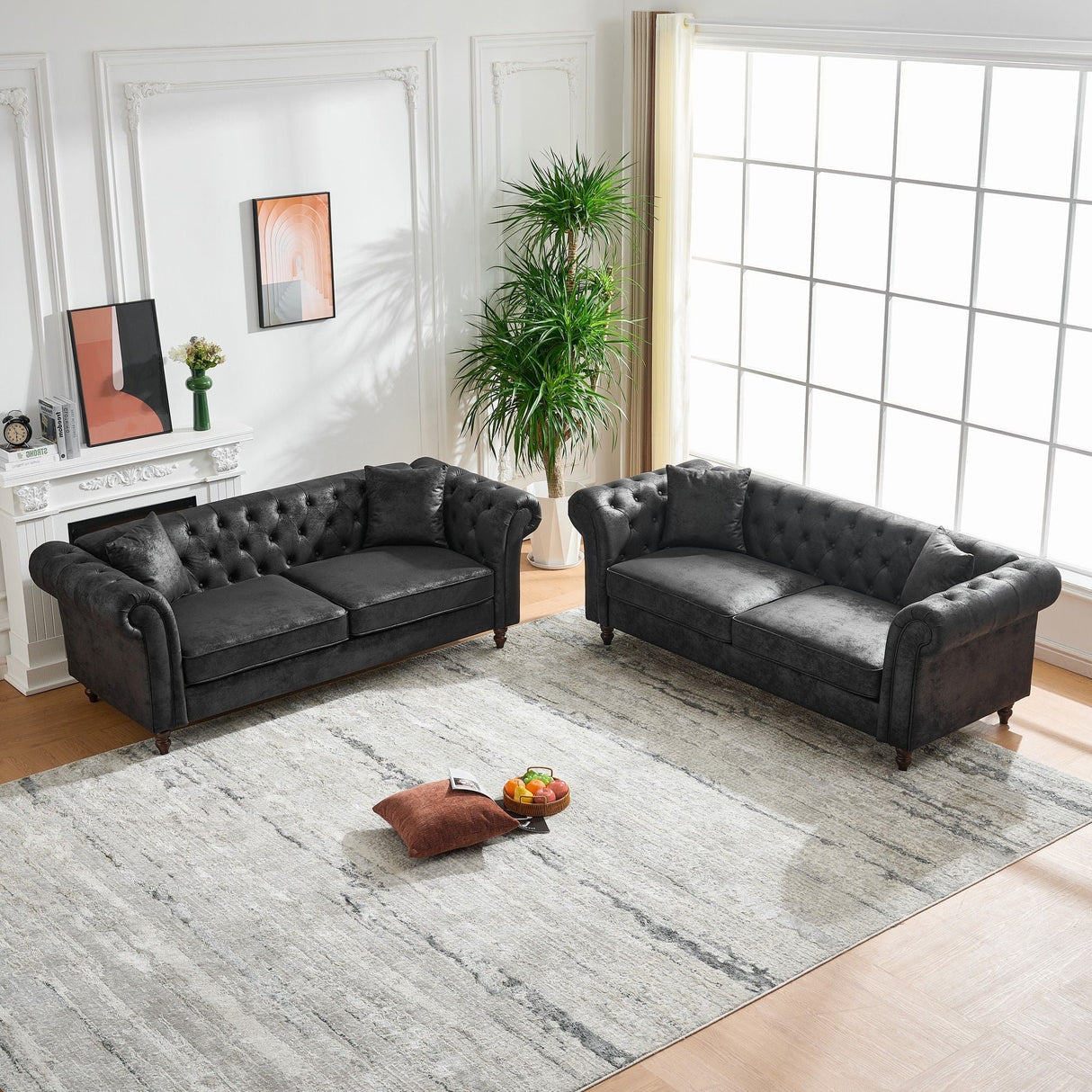 Chesterfield Sofa, High Tech Fabric Roll Armrest, 3 Seater Couch - Black