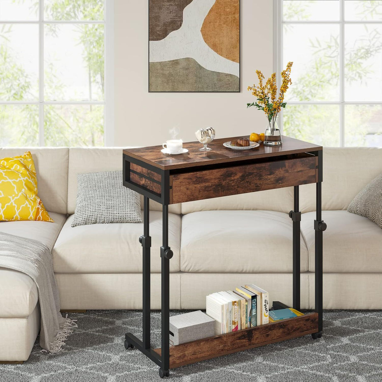 Portable Laptop Desk With Drawer & Wheels, Height Adjustable, Storage Shelf - Brown / Black