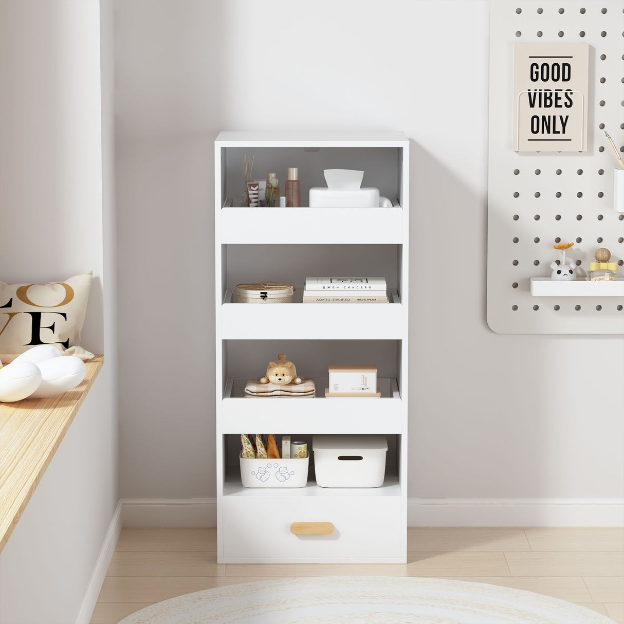 4 Tier Freestanding Bookshelf With 3 Sliding Drawers And 1 Bottom Drawer - White