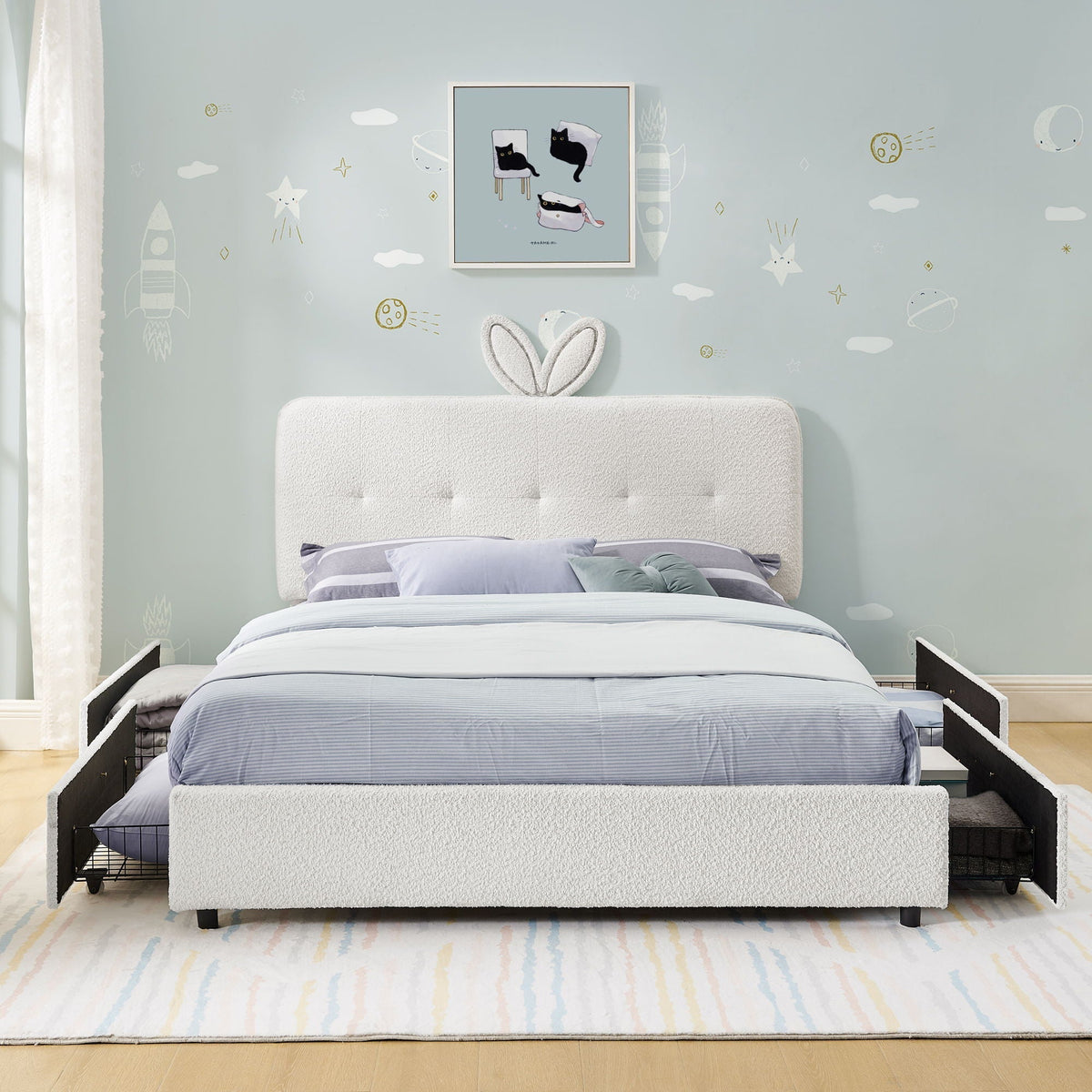 Upholstered Bed With Oversized Rabbit Ear Headboard, LED Lights & 4 Storage Drawers