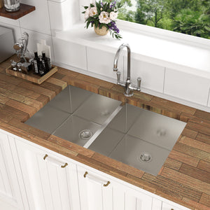 Undermount Double Bowl Kitchen Sink 16 Gauge With 9" Deep Basin - Brushed Nickel