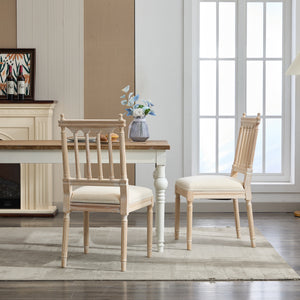 Antique Dining Chairs - Linen Fabric Upholstered Wooden Chairs Set of 2