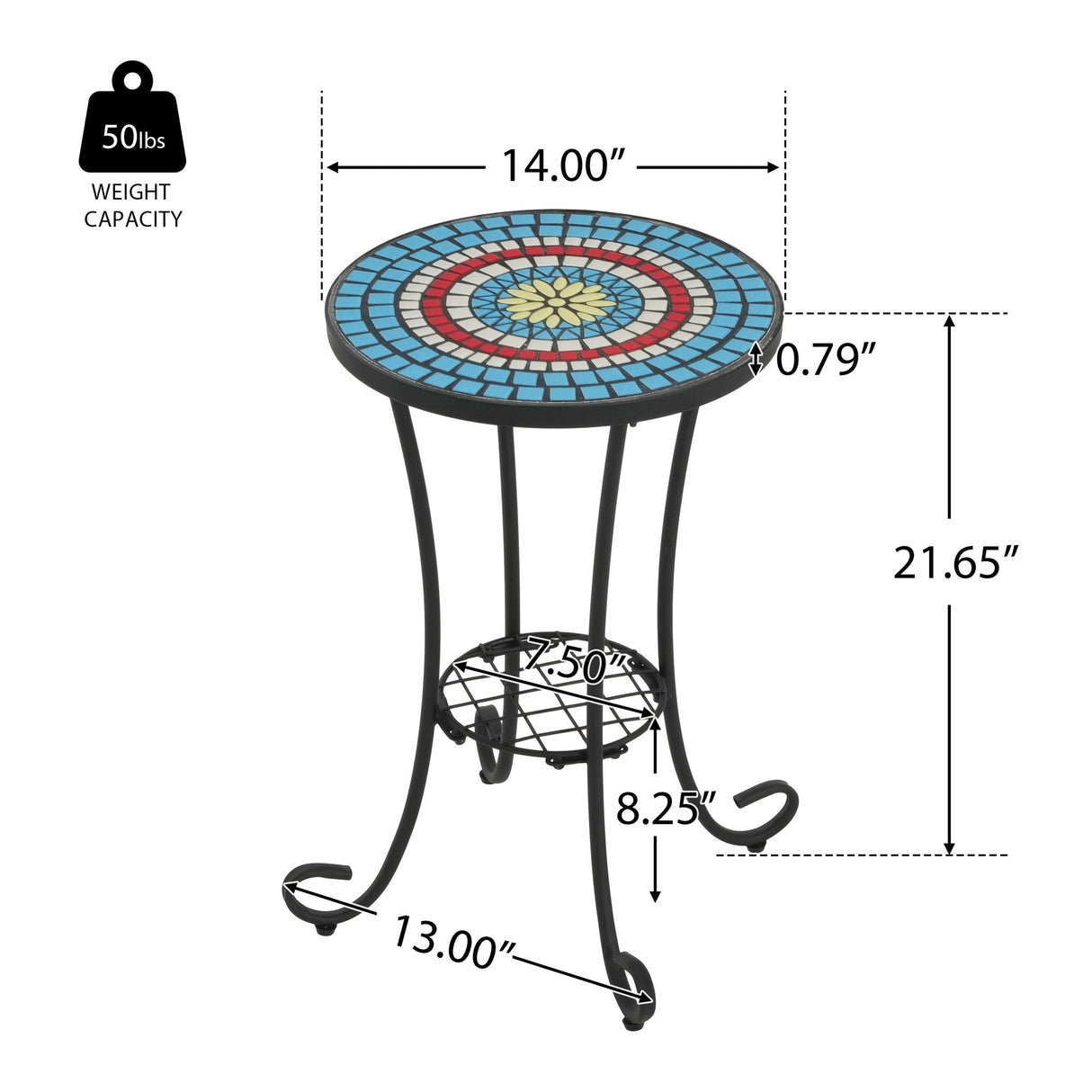 Ceramic Tile and Iron Patio Side Table with Shelf