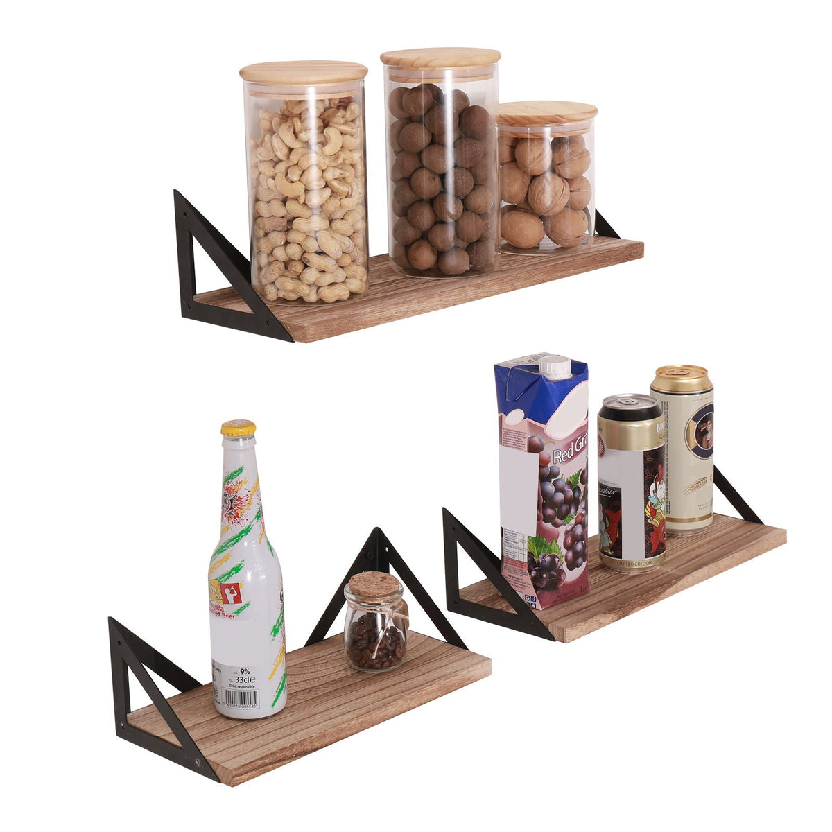 Floating Shelves, Long Wall Shelves (Set of 3), Wall Mounted Shelves With Brackets For Bedroom - Natural Wood