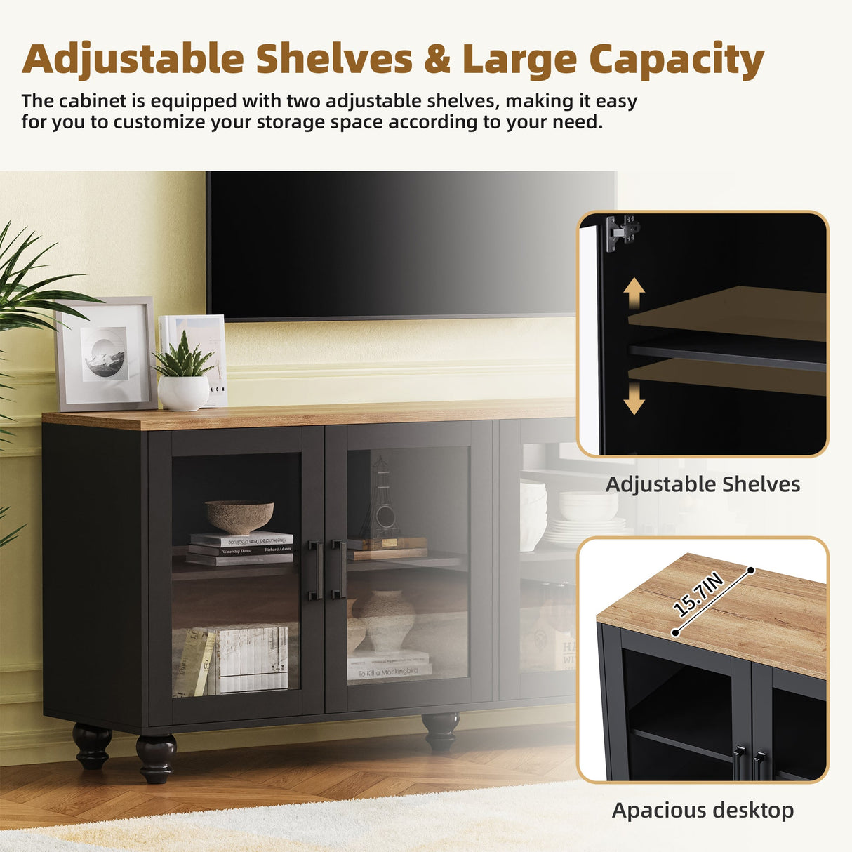 ON-TREND Farmhouse TV Stand with Tempered Glass Doors