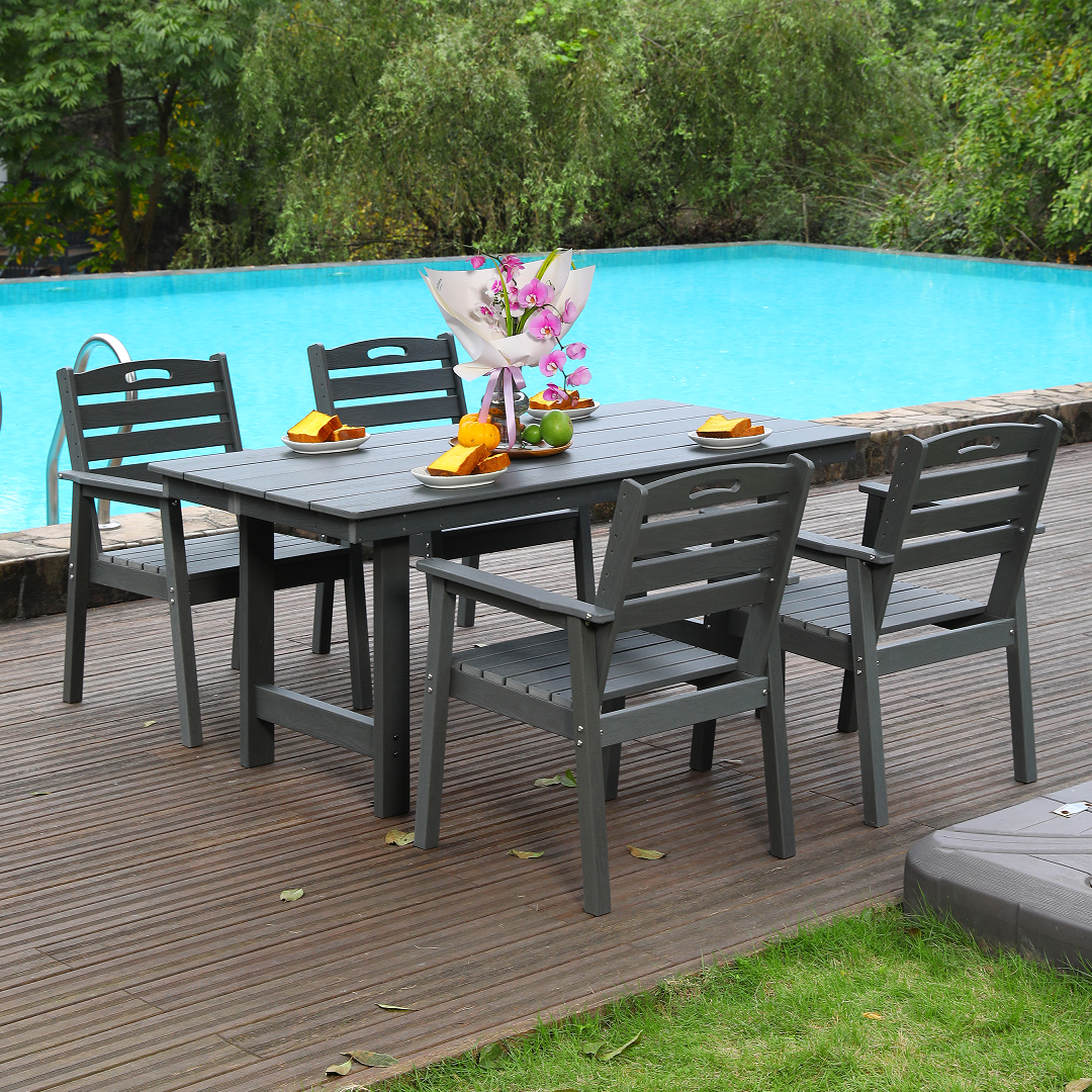 HDPE outdoor patio dining set, one table and four chairs. The outdoor dining furniture has sunshade holes and is suitable. It is suitable for lawns, gardens, backyards, and pool sides.Grey,Waterproof