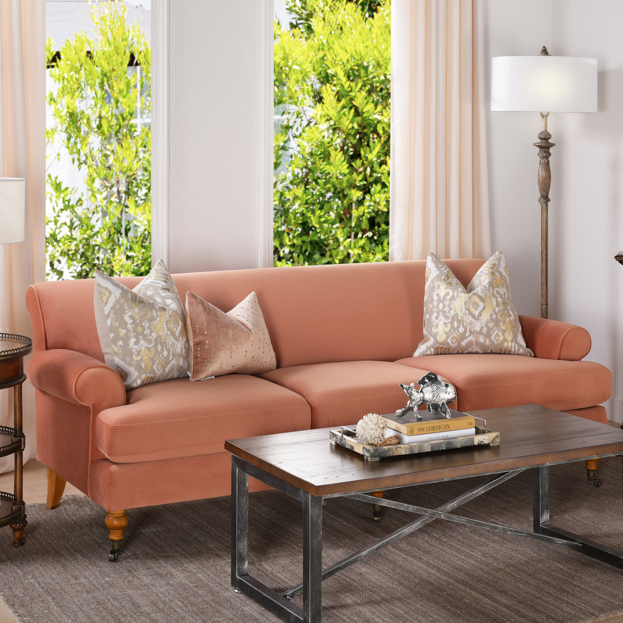 Alana lawson three-cushion tightback sofa, peach orange velvet