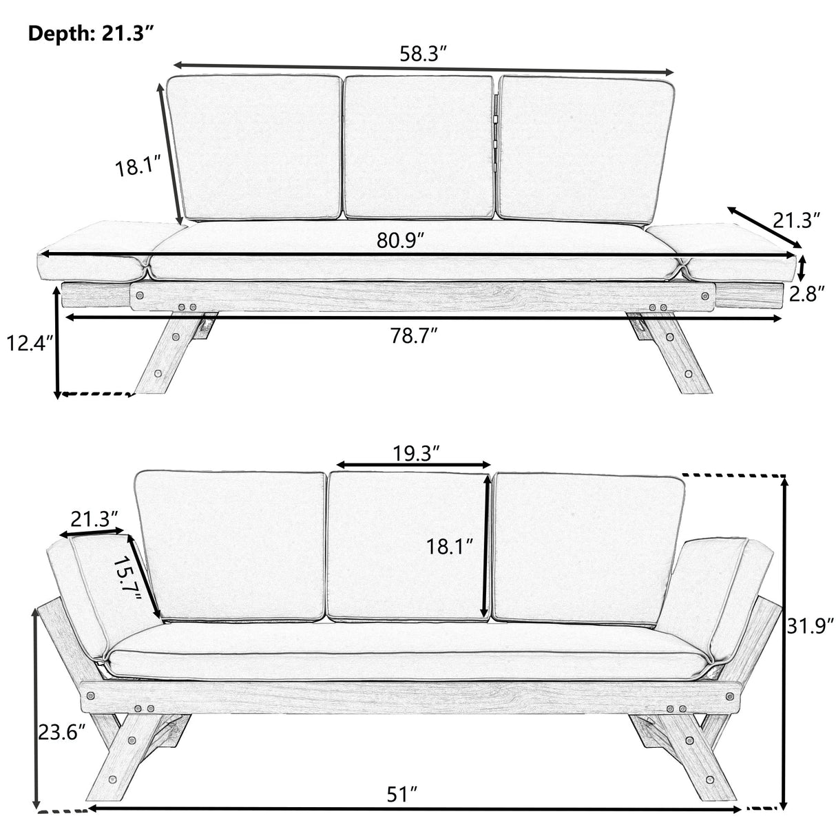 Topmax Outdoor Adjustable Patio Wooden Daybed Sofa Chaise Lounge with Cushions