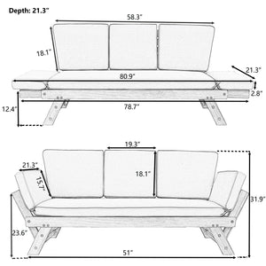 Topmax Outdoor Adjustable Patio Wooden Daybed Sofa Chaise Lounge with Cushions