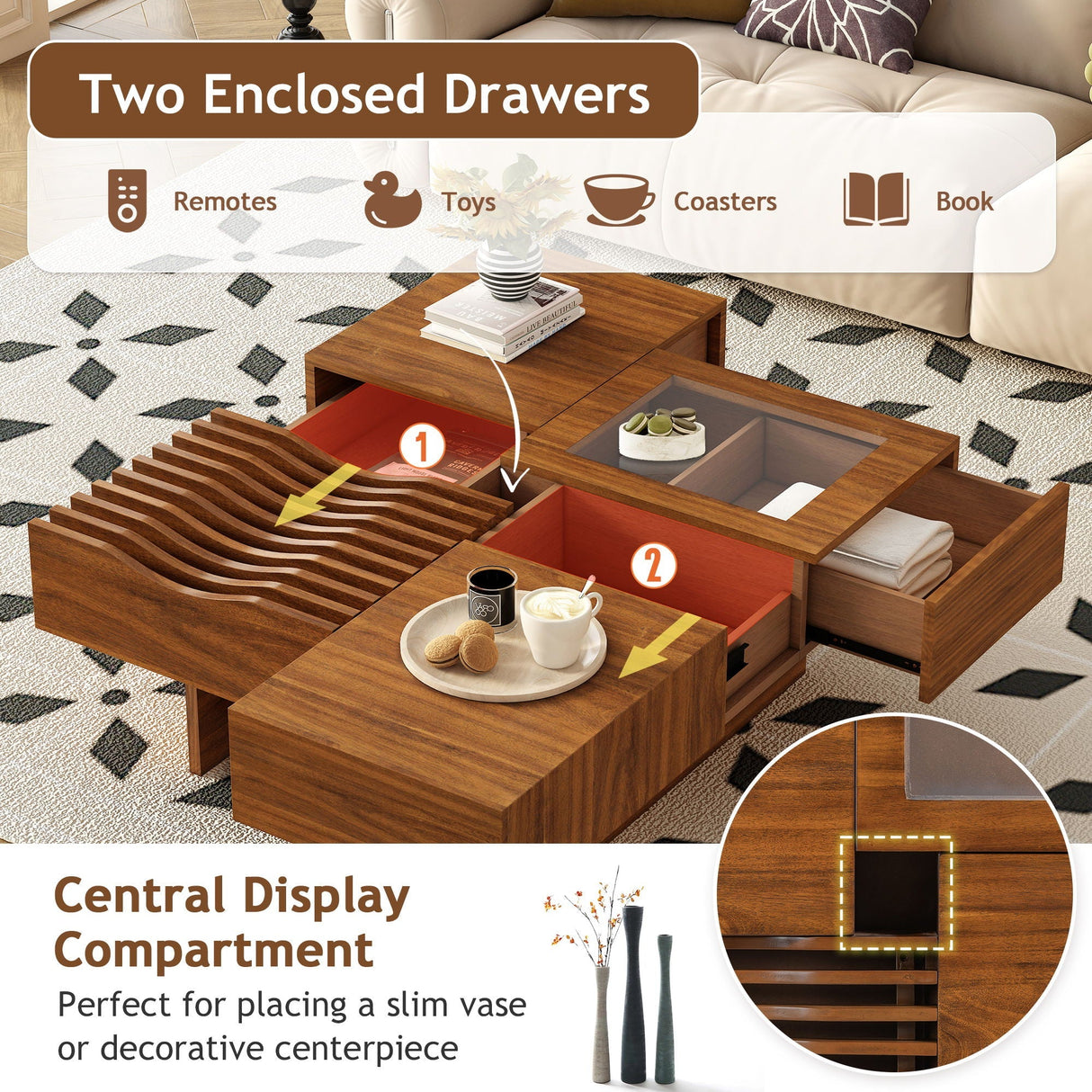 Unique Square Coffee Table With 3 Drawers