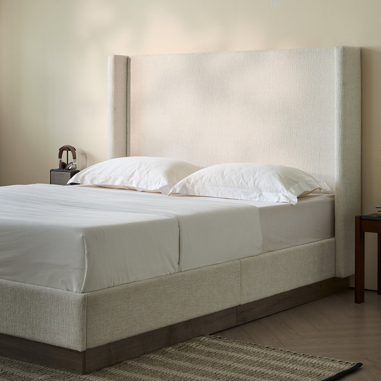 Hosford Upholstered Wingback Bed with Wood Base Platform