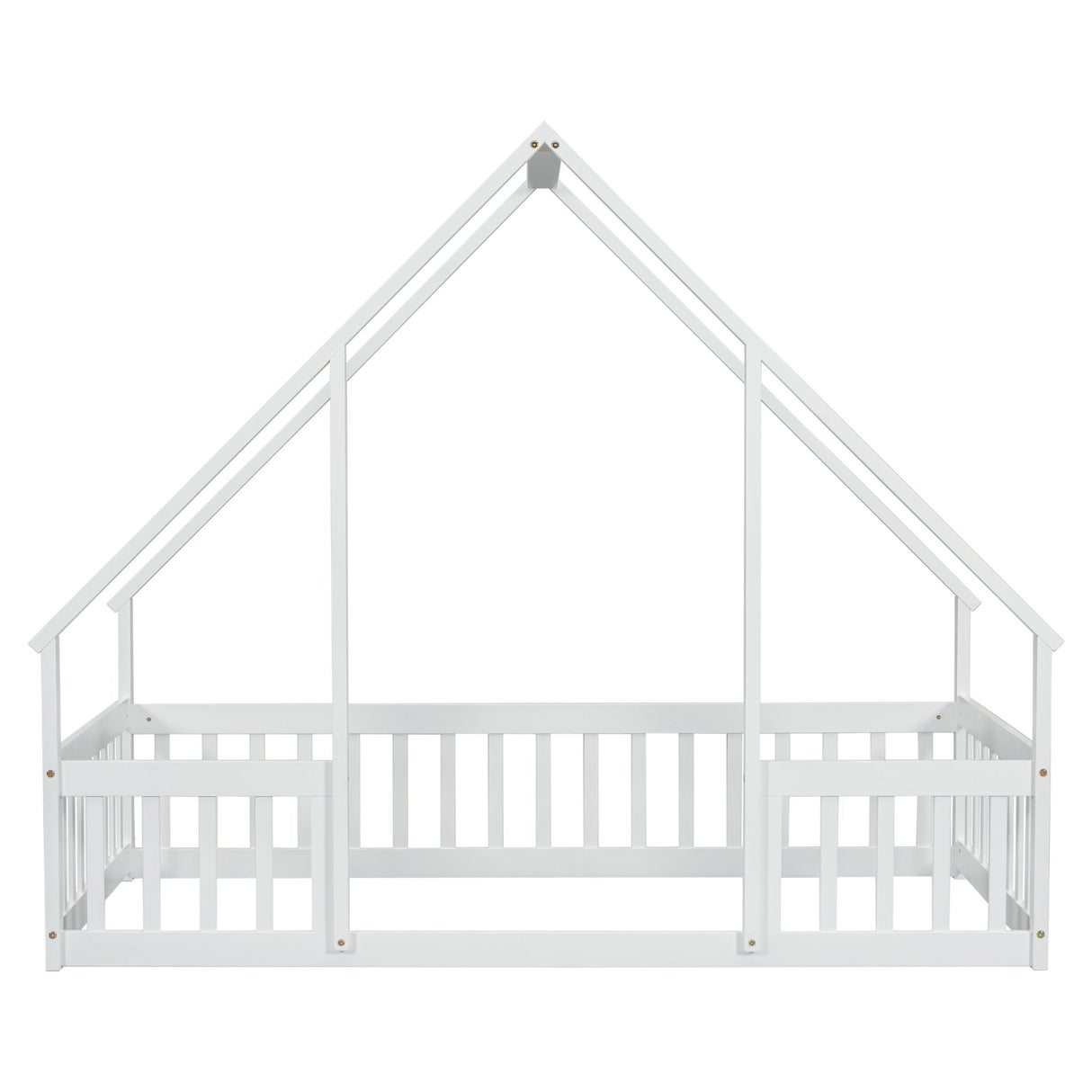 Wood House-Shaped Floor Bed With Fence, Guardrails