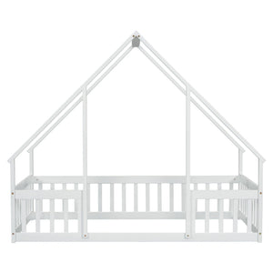 Wood House-Shaped Floor Bed With Fence, Guardrails