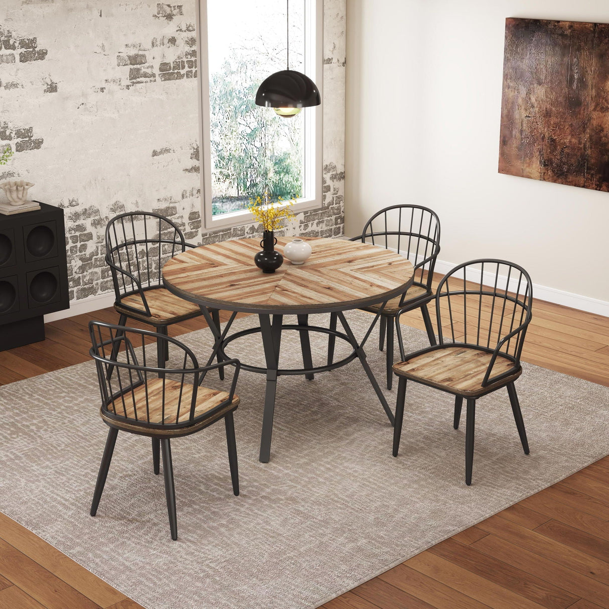 Industrial Inspired Indoor Dining Chair With Metal Legs and Birch (Set of 2) - Black / Natural