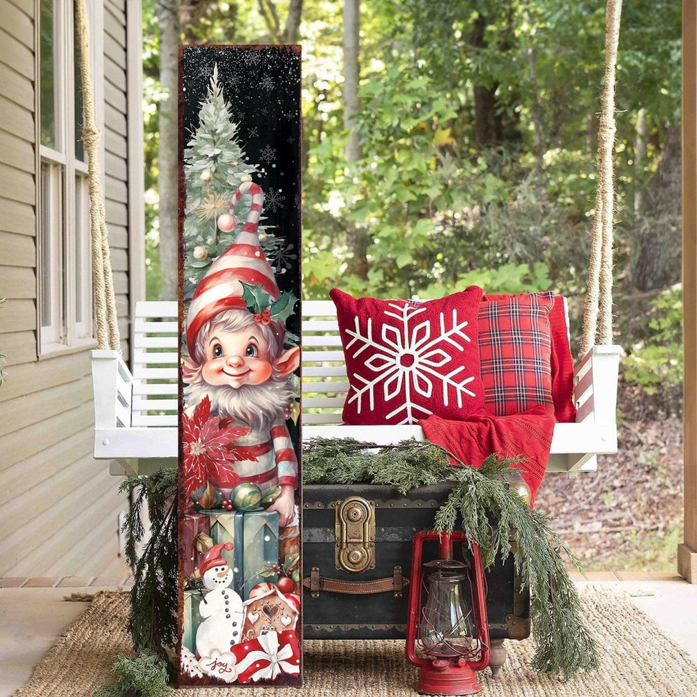 48in Elf Christmas Porch Sign - Front Porch Christmas Welcome Sign, Vintage Christmas Decoration, Modern Farmhouse Entryway Board - Tuesday Morning - Wall Signs
