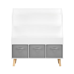 Bookshelf With 3 Storage Bins, Book Display Organizer, Front Facing Book Rack - White