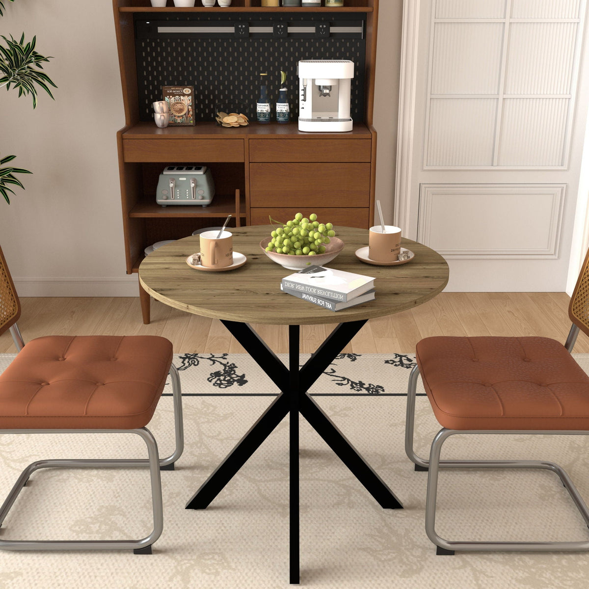 Round Dining Table For 2 - 4 People, Compact Kitchen Or Dining Room - Rustic Brown