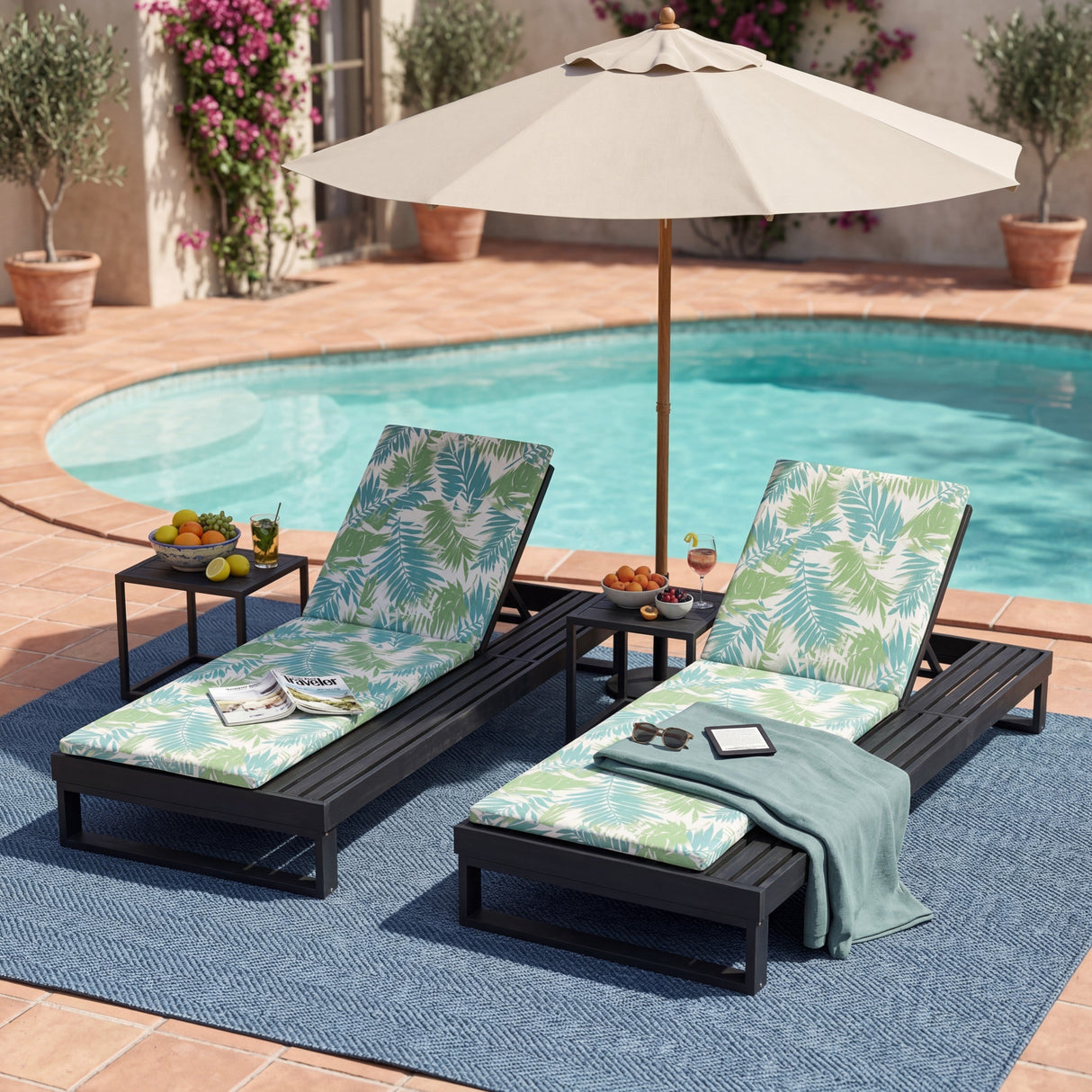 Black Acacia Wood Chaise Lounge with Leaf Coconut Cushion