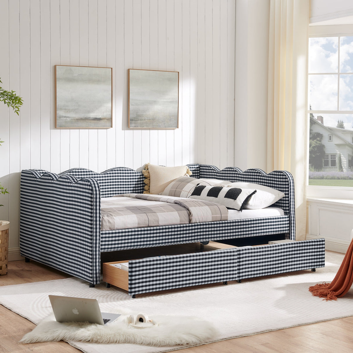 Full Size Cozy Gingham Daybed with Two Storage Drawers, with USB Port and Adorable Wave Shaped, Linen Fabric
