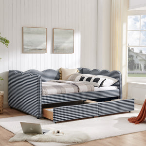 Full Size Cozy Gingham Daybed with Two Storage Drawers, with USB Port and Adorable Wave Shaped, Linen Fabric