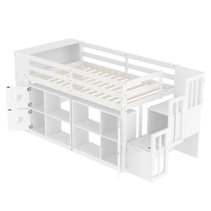 Loft Bed With Storage Cabinets, Staircase Drawers & LED Lights