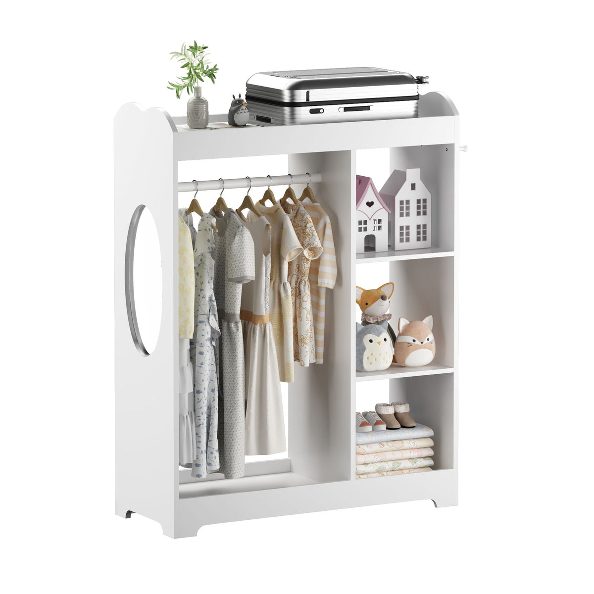 Dress Up Storage With Mirror And Hooks, Clothes Rack With Hanging Rod, 3 Side Hooks, Open Shelves, Top Shelf Organizer - White
