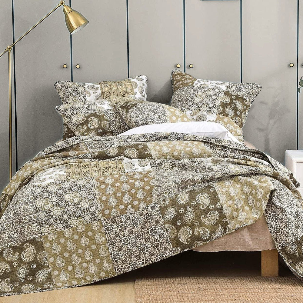 DaDa Bedding Bohemian Olive Brown Moroccan Paisley Floral Filigree Patchwork Cotton Bedspread Set (JHW-885)