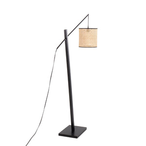 Arturo Contemporary Floor Lamp in Black Wood and Steel with Rattan Shade