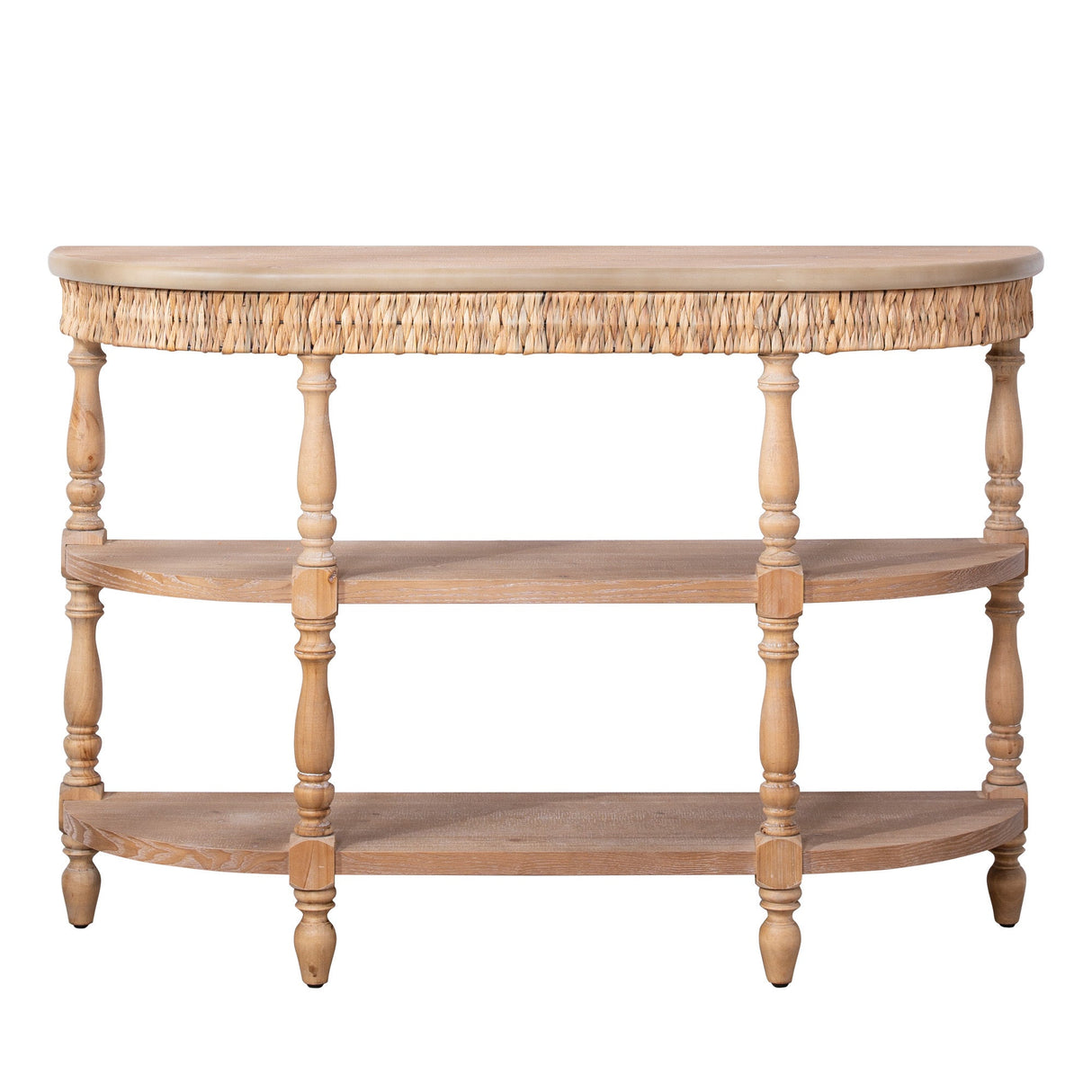 Handcrafted Wood Console Table with Hand-Woven Trim, 3-Tier Storage Shelves, Oval Entryway Table with Carved Legs, Rustic Coastal Farmhouse Accent Table, 49' Hallway Sofa Table