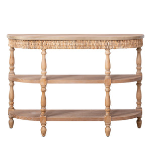 Handcrafted Wood Console Table with Hand-Woven Trim, 3-Tier Storage Shelves, Oval Entryway Table with Carved Legs, Rustic Coastal Farmhouse Accent Table, 49' Hallway Sofa Table