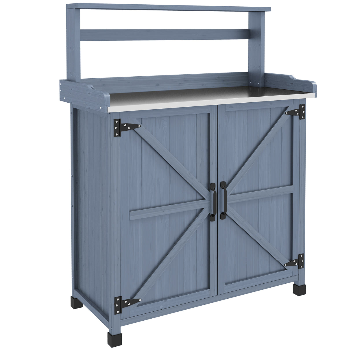 Wooden Potting Table with Storage Cabinet with 2 Shelves,  with Galvanized Plated Tabletop, Gray