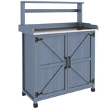 Wooden Potting Table with Storage Cabinet with 2 Shelves,  with Galvanized Plated Tabletop, Gray