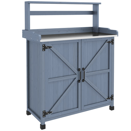 Wooden Potting Table with Storage Cabinet with 2 Shelves,  with Galvanized Plated Tabletop, Gray