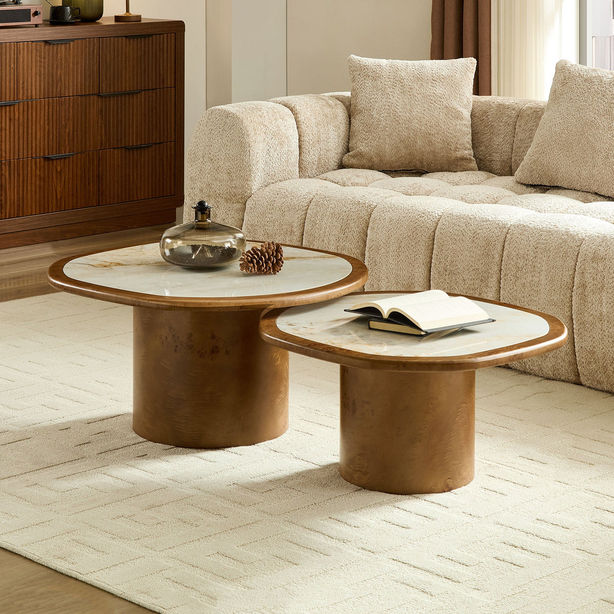 Irregular Coffee Table Set - 2pcs Burl Wood Veneer