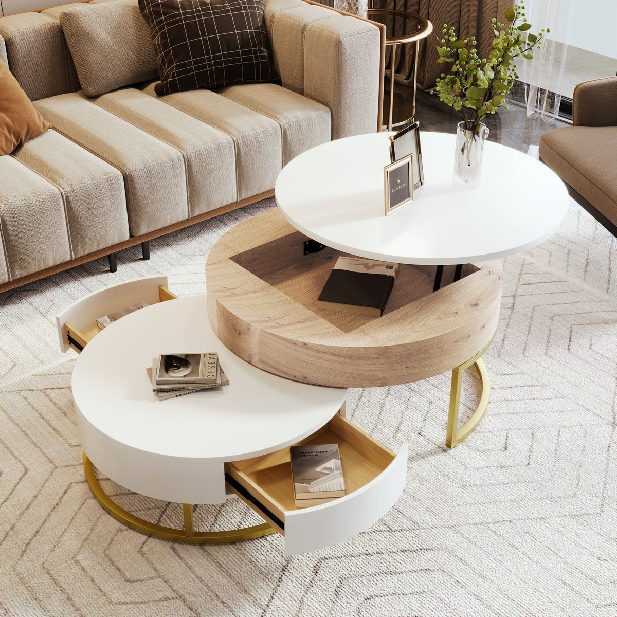 Modern Round Nesting Coffee Tables with Lift-Top and 2 Drawers - White or Black