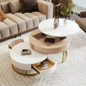 Modern Round Nesting Coffee Tables with Lift-Top and 2 Drawers - White or Black