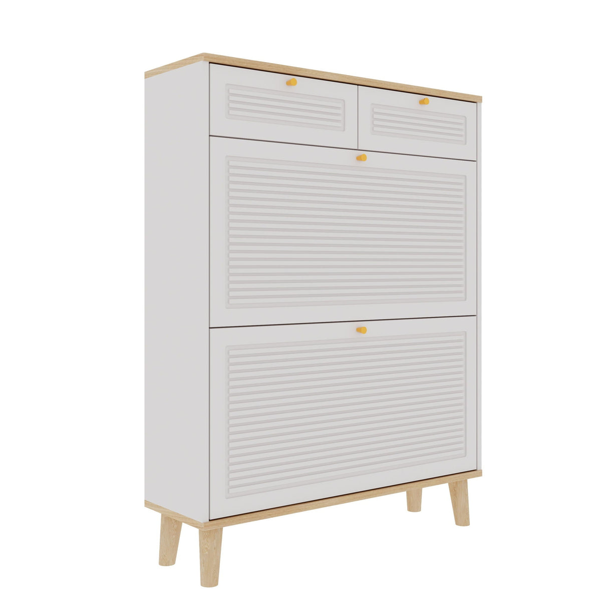 Modern-Freestanding-Shoe-Cabinet-With-Flip-Up-Doors-And-Drawers,-Compact-Design-For-Entryway-White-Natural-Shoe-Cabinets