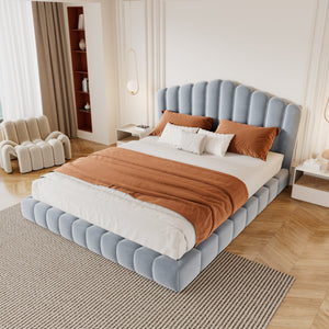 Velvet Upholstered Queen Bed with Shell-Shaped Headboard